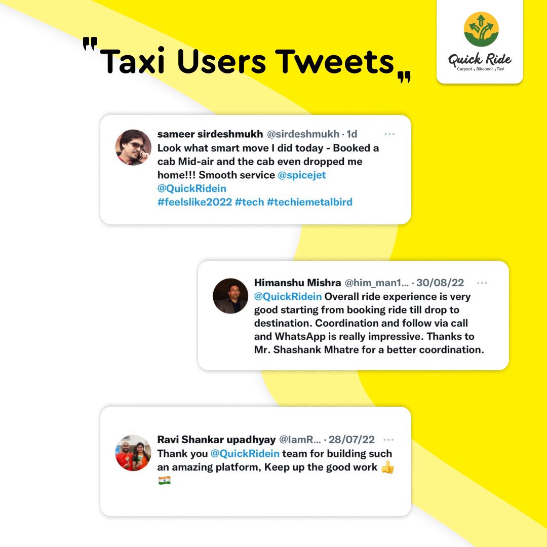 QuickRidein's tweet photo. Take a min to look at what our users tweeted about our Taxi service.
Tweet your experience too. We would love to hear from you.
Book Quick Ride Taxi : https://t.co/qW0wefL0Ho
#quickride #taxi #cabs #airporttaxi #outstationtaxi #intercitycabs
#travel #taxitravel https://t.co/91LeoAaAoa