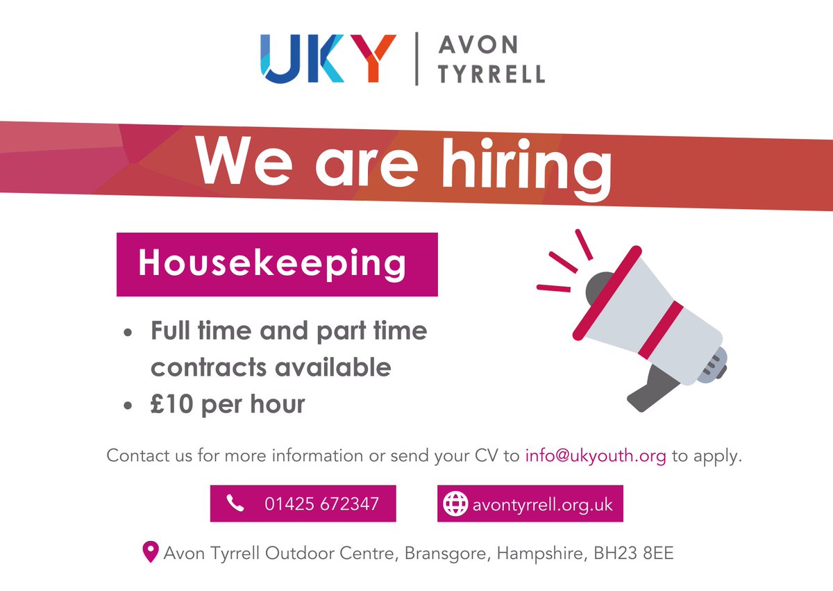 Join our friendly team as a #housekeeping coordinator😍

Full time and part time hours available🕖 | Work in the #NewForest 🌳

Find out more or email us your cv info@ukyouth.org
avontyrrell.org.uk/job_vacancies.…

#charityjobs #workwithus #werehiring