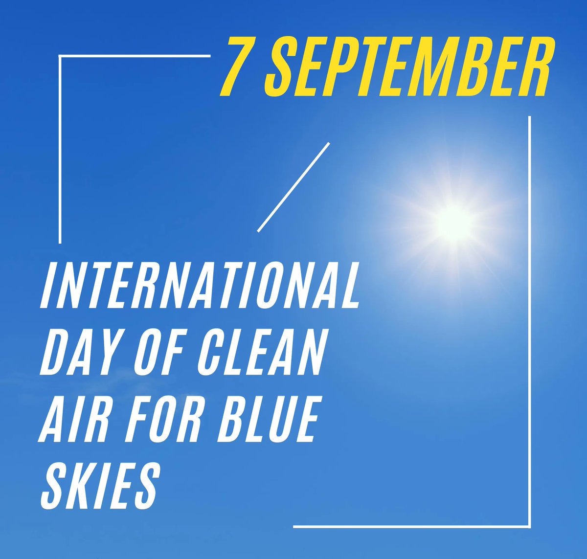 internshape's tweet photo. International Day of Clean Air for Blue Skies

International Day of Clean Air for Blue Skies on September 7 is observed to recognize the importance of clean air in our health and daily lives. https://t.co/rn3wmQUoAy