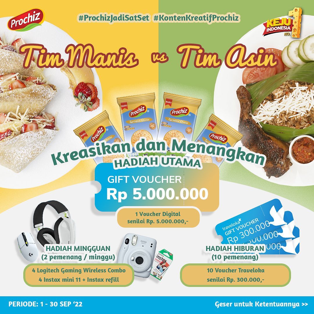 GarudaFood_ID's tweet photo. Hi Prochiz Lovers!
Kamu Tim Manis atau Tim Asin nih?
Dukung tim kamu dengan ikutan bikin video kreatif dengan Prochiz Sprinkled Cheese dan menangkan hadiah total jutaan rupiah!

Untuk lengkapnya bisa kamu slide ke kiri ya.

#prochiz
#keju
#follow
#garudafood
#garudafood_id https://t.co/zvIDl8F3Qy