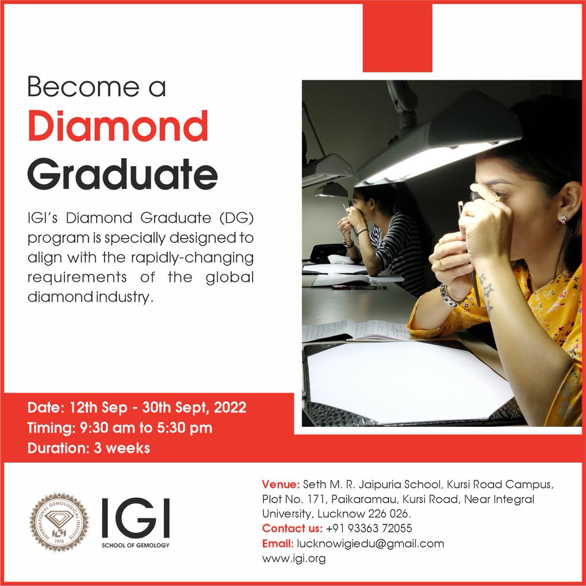 igiworldwide's tweet photo. Become a Diamond Graduate with IGI's leading courses.
Batches commencing in Lucknow from 12th September 2022.
Book your seat now!!!
For more info -
Call us - +91 93363 72055
#graduate #diamondgraduate #diamondgrading #schoolofgemology #lucknow #confidence #igischoolofgemology https://t.co/79rVijHtKX