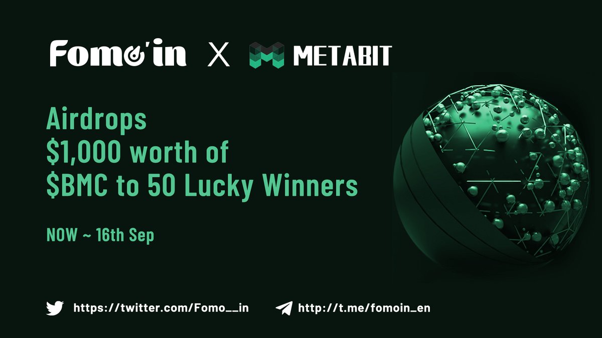 Fomo__in's tweet photo. 🎁#Fomoin &amp; @tometabitglobal Huge #Giveaway 
🪂 1,000 worth of $BMC to 50 Lucky Winners #Airdrop 

✅ RT+💕+@ 3 frds
✅ Follow @Fomo__in &amp; @tometabitglobal
⏭️Test your luck https://t.co/xdGpTl5LU3

#Giveaways #Airdrops #NFTGiveaway #FreeMint #BSC https://t.co/WgzfVtZq2D