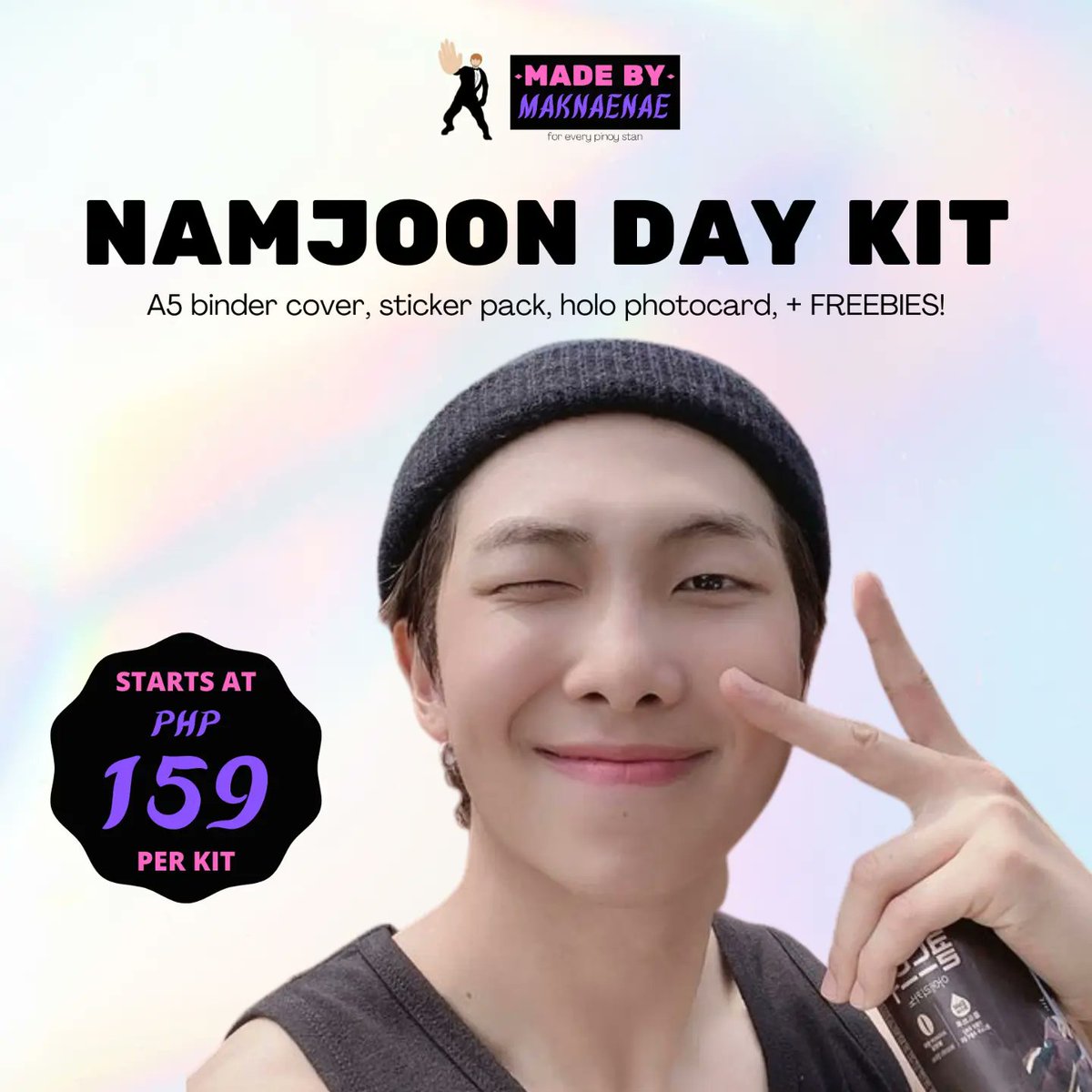 maknaenaeph's tweet photo. We can't wait to celebrate Namjoon's birthday with you, besties! 🥳 Get a kit complete with a binder cover/poster, sticker sheet, and OT7 holo pc, starting at Php 159 only 💜 https://t.co/HnjxuEvA9a 😍 #MaknaenaePH #Namjoon 

wts lfb ph rm fan kit https://t.co/gFNJMotfJP