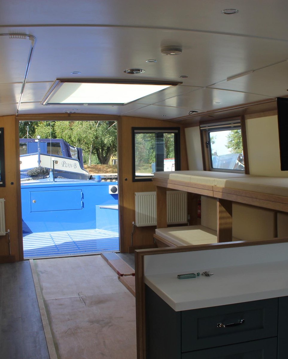 EthelBarge's tweet photo. Here are some pictures of Pearl’s interior, showing the new kitchen, shower room &amp; the cabin with the bunks in situ plus a view from the wheelhouse. How lovely to have the view &amp; be able to go straight from the cabin to the front deck!
#pearlsprogress https://t.co/vMoAehggxR