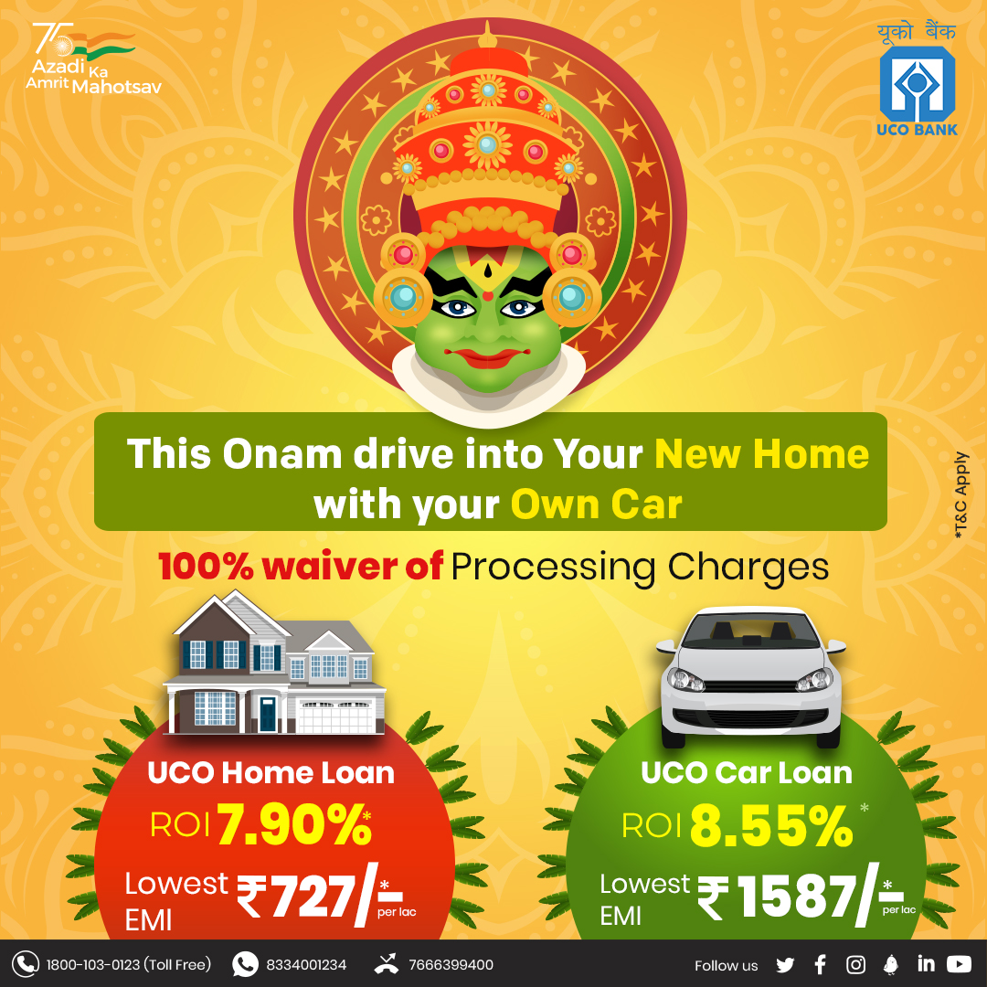 UCOBankOfficial's tweet image. Celebrate this Onam with UCO Home &amp;amp; Car Loan at Zero #ProcessingCharges. Click bit.ly/UCObkln to apply. 

#UCOBank Honours Your Trust #MonsoonDhamaka #AmritMahotsav