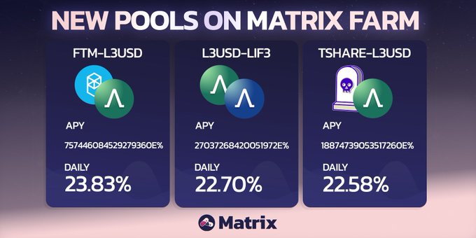 🚜 @Farm_matrix New Pools Using <a href="/tombfinance/">The Game of Tomb 👻</a> 

💊 Eternal LIF3 Pills:

✅FTM - L3USD
✅LIF3 - L3USD
✅TSHARE - L3USD

⬇️Farm Here:
Matrix.farm