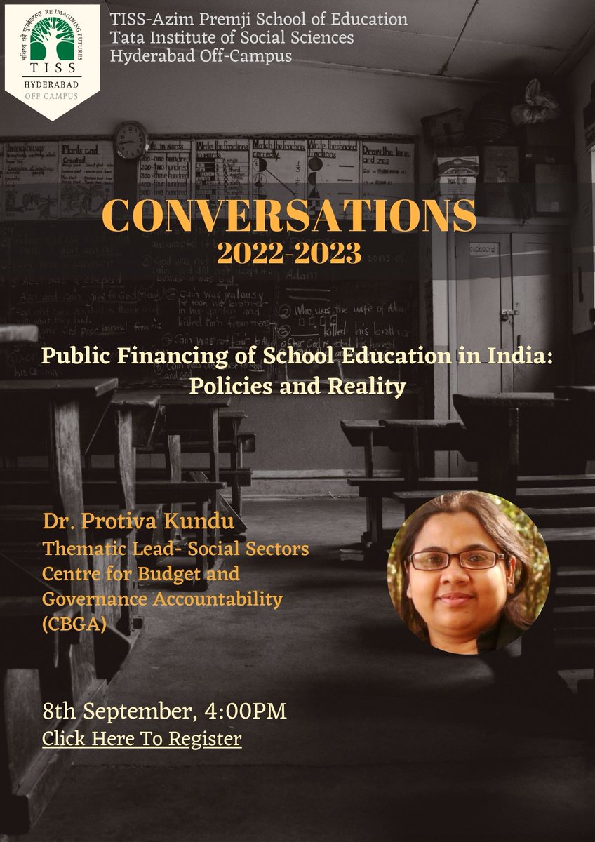 OpenBudgetsIndia (@openbudgetsin) on Twitter photo Register now to join the #webinar 'CONVERSATIONS 2022-23' tomorrow (September 8) organised by TISS-Azim Premji School of Education.
<a href="/KunduProtiva/">Dr. Protiva Kundu</a> (CBGA) will be presenting on Public Policies for School #education in India.
Registration link: tinyurl.com/yws7cvwa Register now to join the #webinar 'CONVERSATIONS 2022-23' tomorrow (September 8) organised by TISS-Azim Premji School of Education.
<a href="/KunduProtiva/">Dr. Protiva Kundu</a> (CBGA) will be presenting on Public Policies for School #education in India.
Registration link: tinyurl.com/yws7cvwa