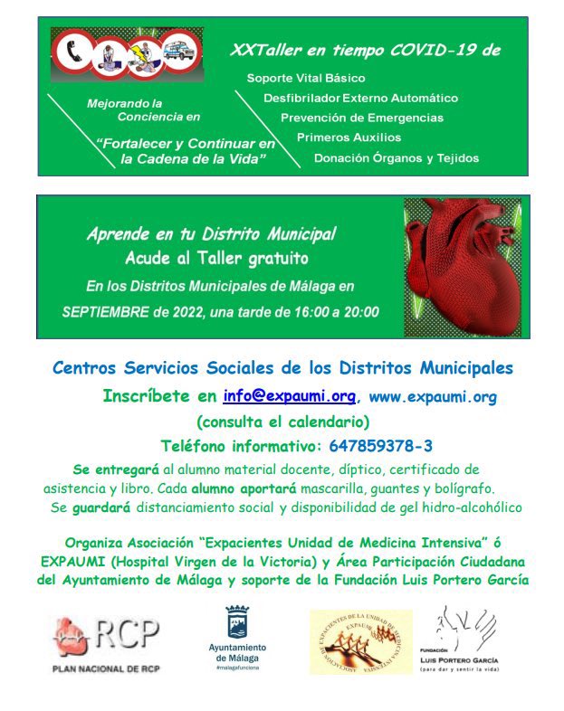 malaga's tweet photo. En septiembre vuelven los cursos sobre RCP básica, uso del desfibrilador semiautomático y prevención de emergencias, organizados por @Expaumi_ junto a @MLGparticipa y Fundación Luis Portero García, distritos de la ciudad. Más información e inscripciones: https://t.co/qYsJTQP5hg https://t.co/w1lSpijGEm