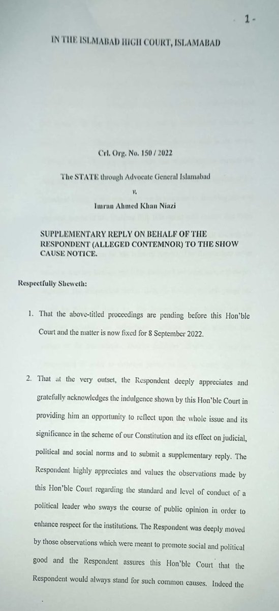 Contempt of court case entered in critical zone. Supplementary response from PTI chief submitted in Islamabad High Court by “alleged contemnor”. Former Prime Minister ⁦<a href="/ImranKhanPTI/">Imran Khan</a>⁩ expressed “deep regrets” over his speech. No unconditional apology.