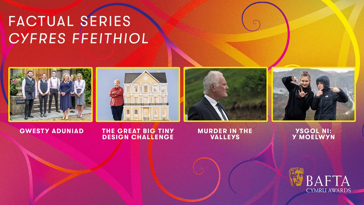 BAFTACymru's tweet photo. Nominees / Enwebeion
📖 Factual Series / Cyfres Ffeithiol 📖
✨ Gwesty Aduniad
✨ The Great Big Tiny Design Challenge
✨ Murder In The Valleys
✨ Ysgol Ni: Y Moelwyn
#BAFTACymru https://t.co/meLg7MQbHx