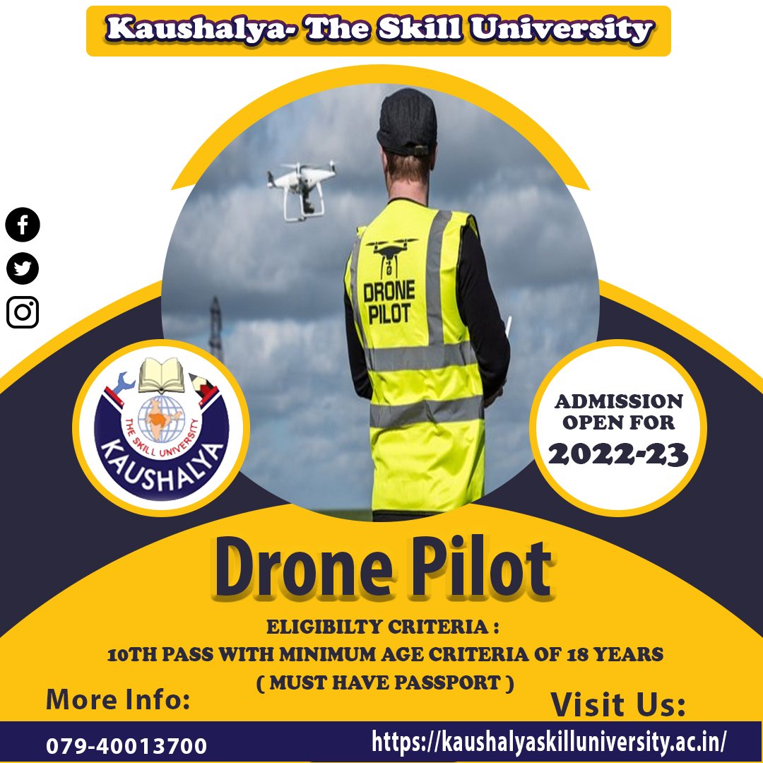 KSUGOG's tweet photo. Build your career in Drone Pilot Course with Kaushalya-The Skill University.
Hurry up today.
Admission Open for Year 2022-23.
Apply Now : https://t.co/obDiLpJdT6
#drone #dronepilot #dronepiloting #dronepilotcourse https://t.co/4tMAf1OH3J
