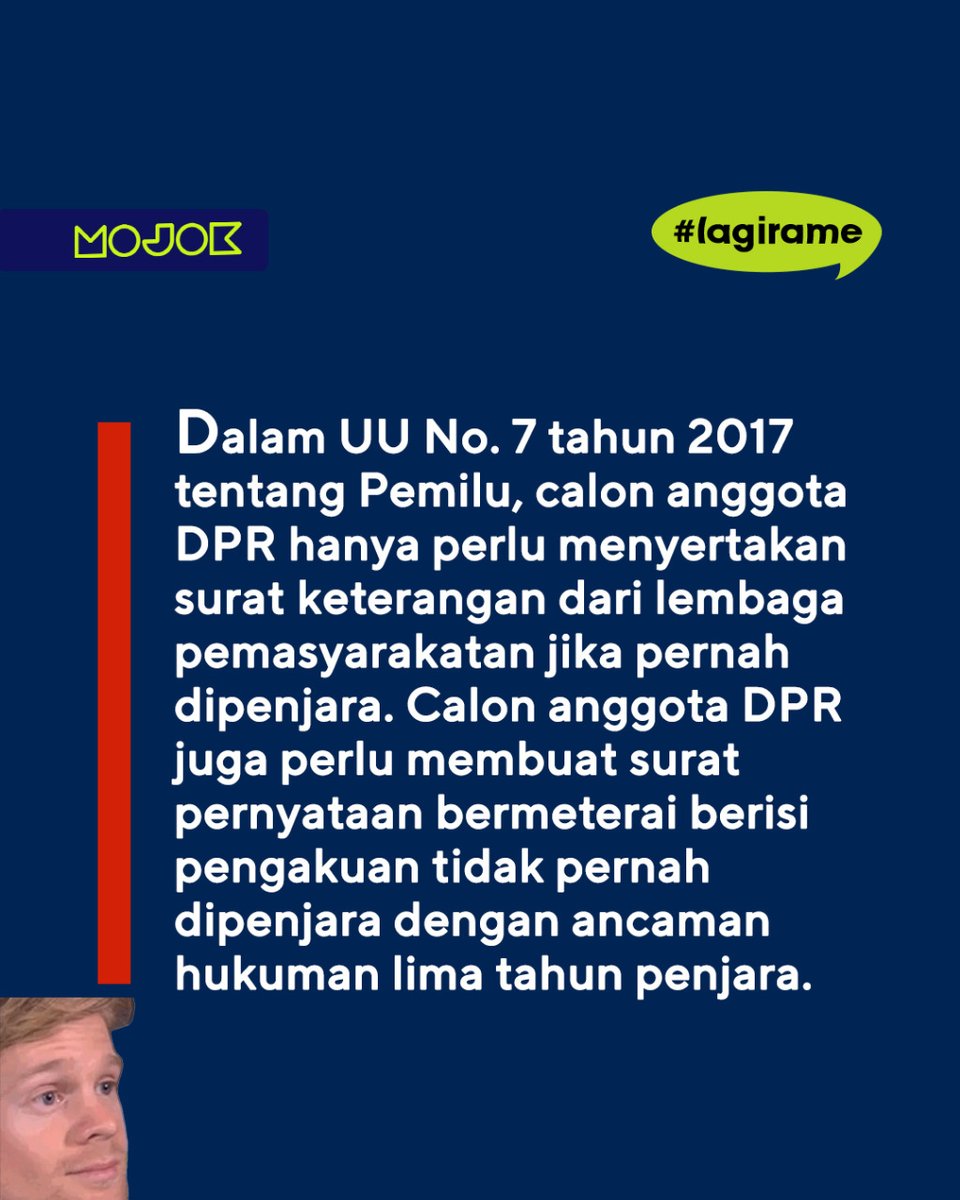 mojokdotco's tweet photo. Yang diminta SKCK pas ngelamar kerjaan kan OB. Masak anggota DPR disamain sama OB? Ya mana mau mereka. Mereka kan mulia gitu lhooo. #LagiRame https://t.co/1Vlt1ngnuY