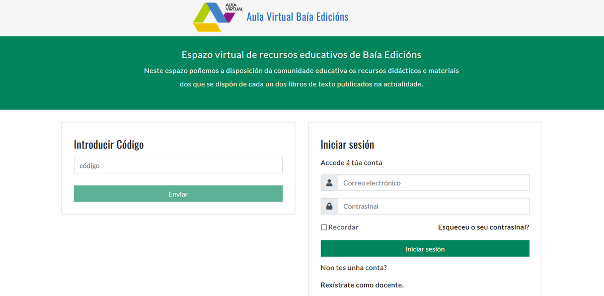 Xa está a disposición dos docentes o novo espazo virtual de recursos educativos de Baía Edicións!📚
Poñemos a disposición da comunidade educativa os recursos didácticos e materiais dos que se dispón de cada un dos libros de texto publicados na actualidade.
aulavirtual.baiaedicions.gal/auth/login