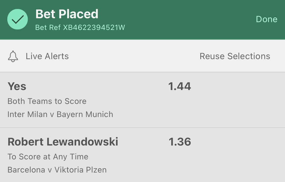 DiscreteTipster's tweet image. 📊 #DiscretePreMatchBet

🇪🇺 Inter vs Bayern Munich (20:00)
🇪🇺 Barcelona vs Plzen (20:00)

📚 DOUBLE: 1.96 (Bet365) - 2 Units. 

#UCL