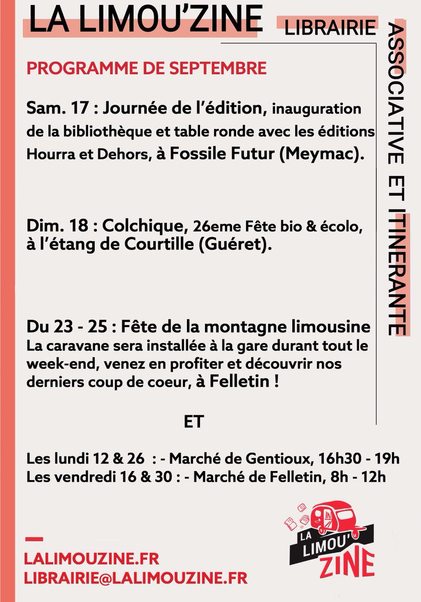 Programme de Septembre !
Et bien évidemment, toujours Lalimouzine.fr pour découvrir nos derniers arrivages !
#Creuse #Correze #Millevaches #Felletin #Gueret #Limousin #Librairie #Militante #Indépendante #Marché #Commerce #Livres #Lecture 
<a href="/Tourisme_Creuse/">Tourisme Creuse</a> <a href="/Departement_23/">Département Creuse</a>