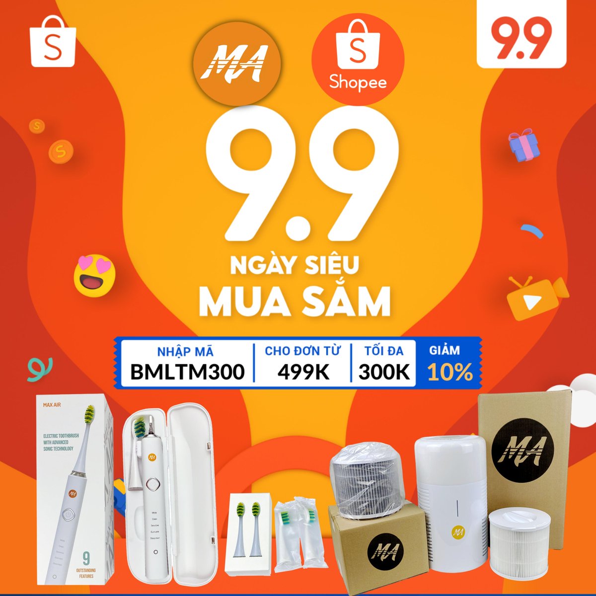 MaxairOfficial's tweet photo. Ngày Siêu Mua Sắm 9.9 đến rồi ‼ ‼ 
Cả năm đợi một ngày để Shopping đã đời 🌟 

✅ Máy lọc không khí - Bàn Chải Điện Sale Shock trên Shopee Mall
✅ Freeship Extra 70k 
✅ Tặng mã giảm giá BMLTM300 giảm tối đa 300k

Thêm vào giỏ hàng từ hôm nay săn Sale bạn nhé. https://t.co/maEv5rRBLV