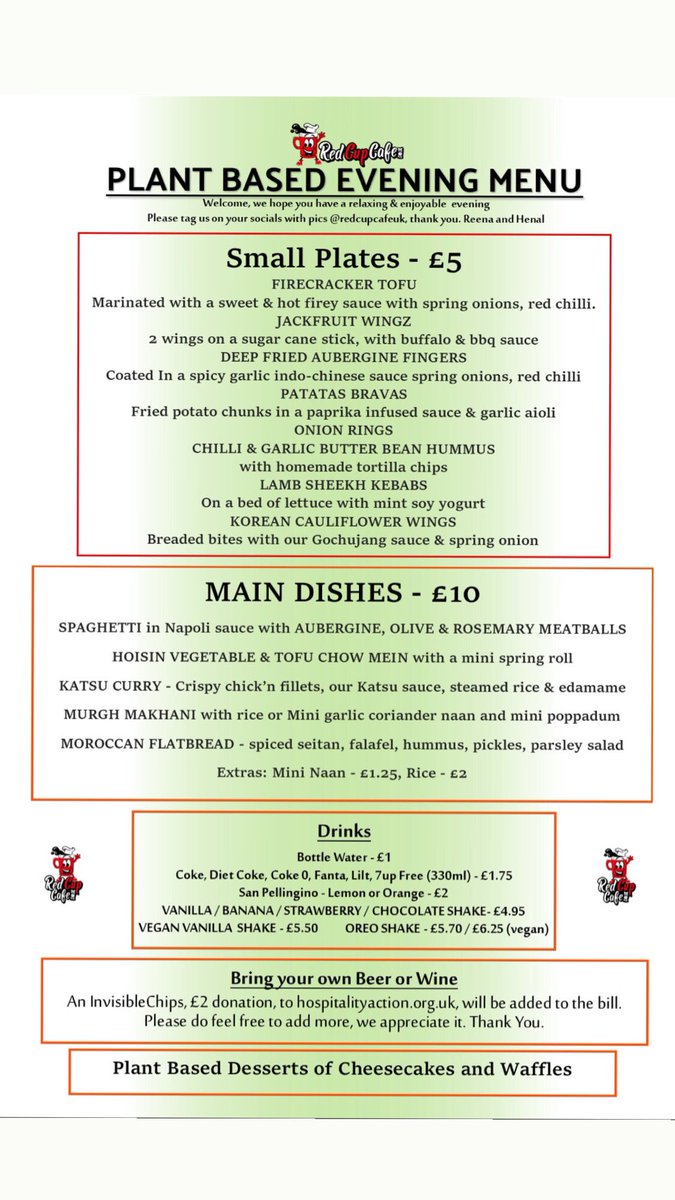 redcupcafeuk's tweet photo. Have you booked your table? Saturday 10th September 5pm-9pm, our second #plantbased evening. Book via https://t.co/M5Ecj4HvYv or send us a DM. £2 suggested donation to @InvisibleChips ❤️All RTs welcome 🙏🏽 #Harrow #Vegan @vegsoc @LDNVegans @YoungVegansLDN @VeganFriendly_ https://t.co/kLwYhLq4K9