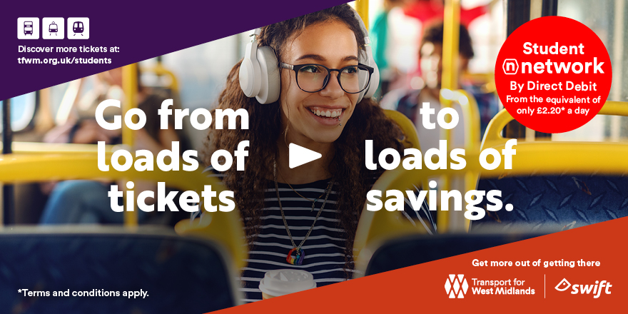 TransportForWM's tweet photo. The easy way for students to get up to 28%* off bus, tram and train journeys. ๐ ๐
Visit us at @TransportForWM to learn more: https://t.co/VBHgfpPTuM #waystosave #students #WestMidlands #swiftcard #birmingham https://t.co/ClmJxSZgHb