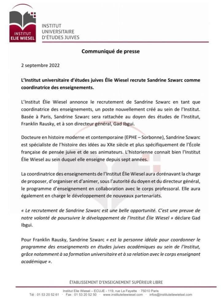 InstElieWiesel's tweet photo. L’Institut Élie Wiesel annonce le recrutement de @Sandrine7Szwarc en tant que coordinatrice des enseignements, un poste nouvellement créé au sein de l’Institut. Elle sera rattachée au doyen Franklin Rausky et directeur général @gadibgui 
https://t.co/skMisb8RWU https://t.co/zCuRc42T5B