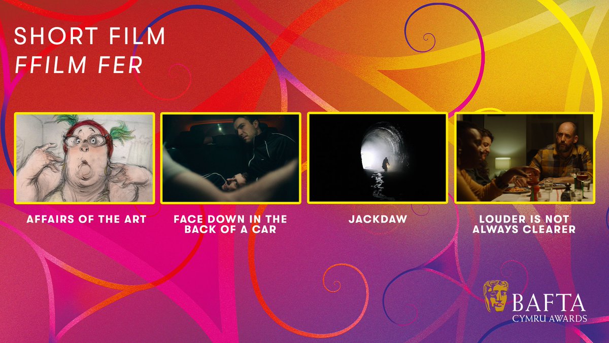 Nominees / Enwebeion
🎥 Short Film / Ffilm Fer 🎥

✨ Affairs of the Art
✨ Face Down In The Back of a Car
✨ Jackdaw
✨ Louder Is Not Always Clearer

#BAFTACymru