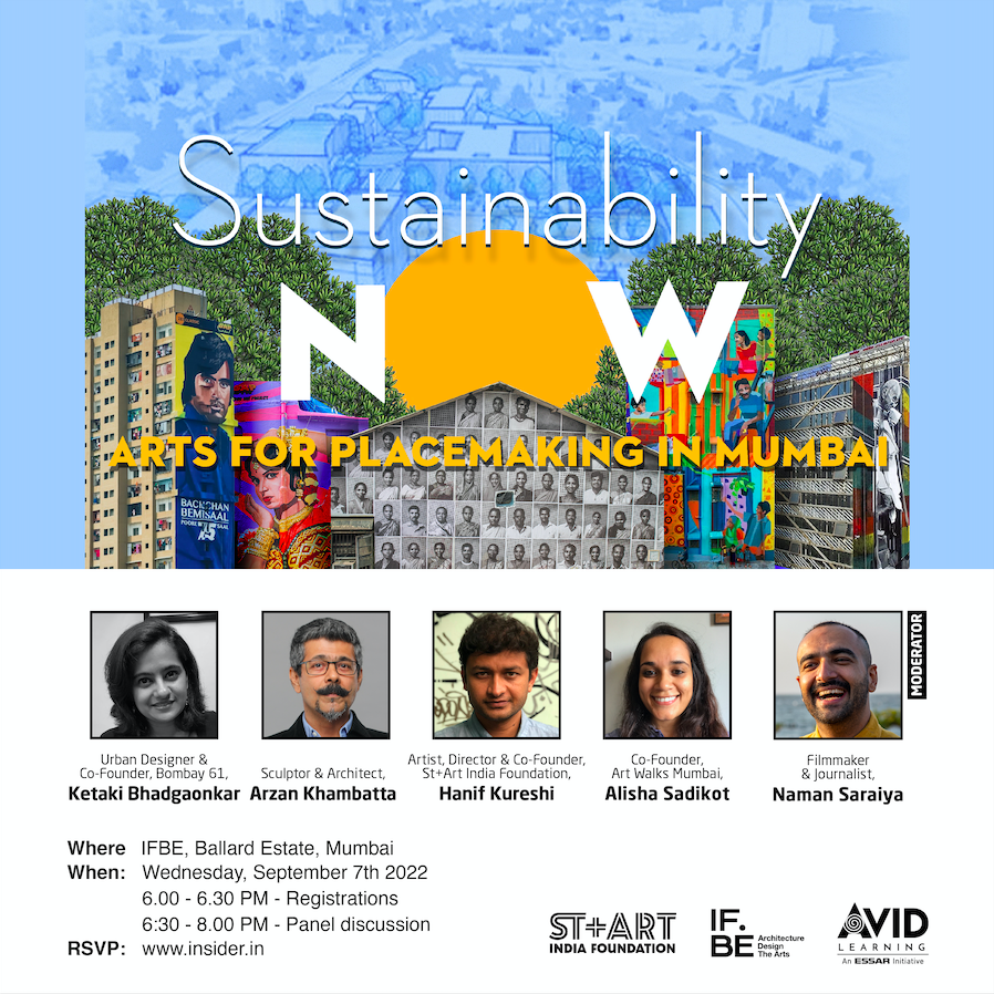 Join us today at 6 PM to explore how Mumbai's urban spaces can be transformed through art interventions with <a href="/IkaTekAr/">ketaki tare</a>, <a href="/teekayteen/">arzan khambatta</a>, <a href="/hanifkureshi/">Hanif Kureshi</a> &amp; @namansaraiya at IFBE.

RSVP: insider.in/sustainability…