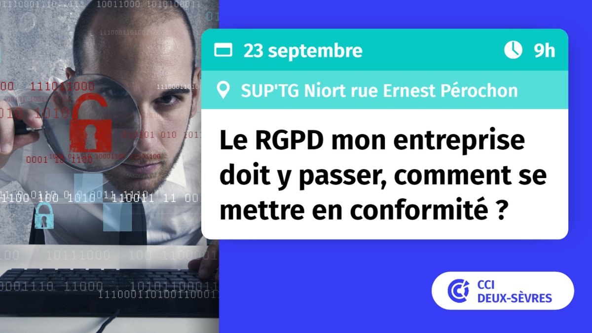 💻 La <a href="/CCIDeuxSevres/">CCI Deux-Sèvres</a> propose un atelier sur la thématique du #RGPD "Le RGPD mon entreprise doit y passer, comment se mettre en conformité ?", le vendredi 23 Septembre à partir de 9h00 à SUP'TG, avec <a href="/jonaspasquet/">Jonas PASQUET</a> et Guillaume Roussel de <a href="/KereonInt/">Kereon Intelligence</a>. bit.ly/atelier-cci-rg…