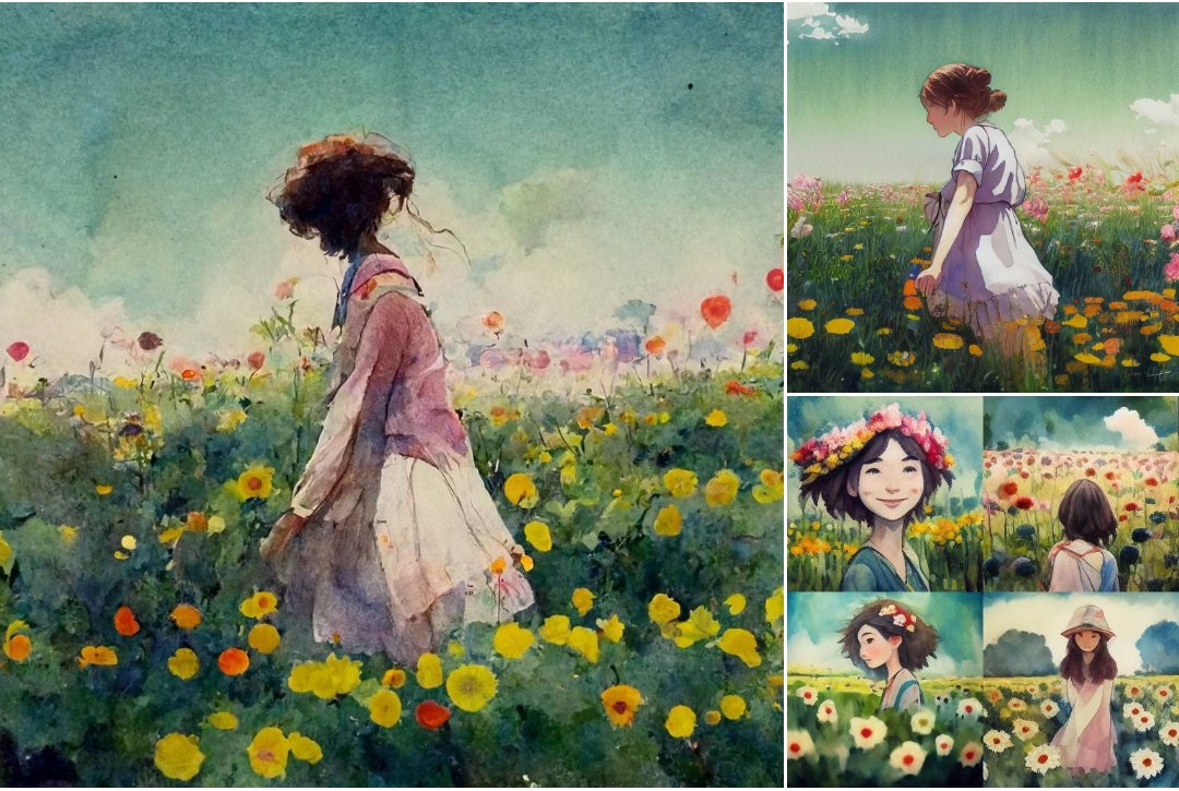 nonojism's tweet photo. Midjourneyに描いてもらいました。

The girl is in a field of flowers on a sunny day,watercolor painting,in Studio Ghibli style.

#midjourney https://t.co/jGVVjUmsvs
