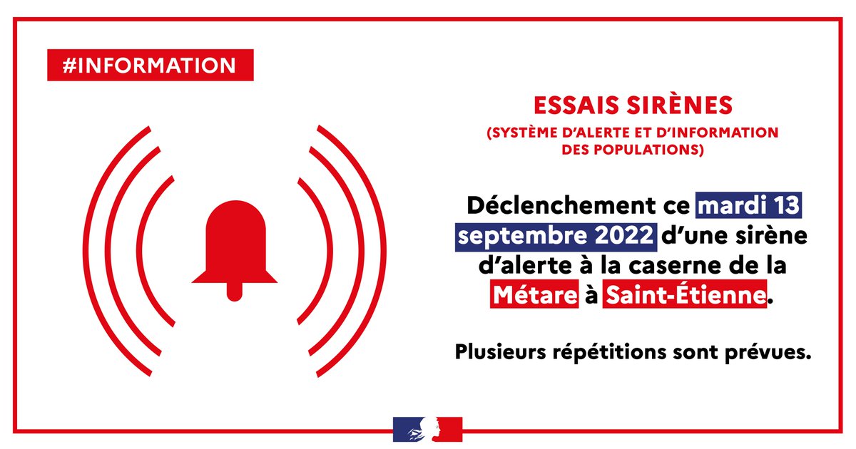 ℹ️ #Information  à la population stéphanoise ℹ️
Mardi 13 septembre, dans la matinée, plusieurs essais vont avoir lieu suite à la réception d’une nouvelle sirène d’alerte à la caserne de la Métare.

#SDIS42 #Loire #saintetienne #pompiers
