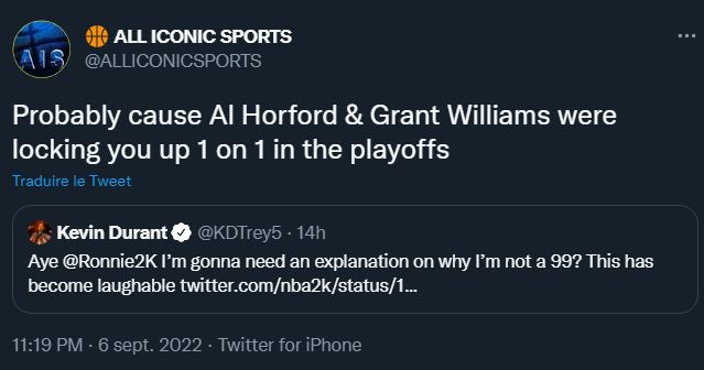 Basket_Infos's tweet photo. Kevin Durant voulait savoir pourquoi sa note 2K était de 96 et pas 99... « Je vais avoir besoin d'une explication, ça devient risible » 

Des fans lui ont répondu 🤡 https://t.co/3rgOH8Jo23