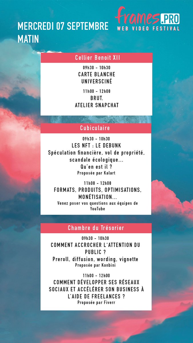 FramesPro's tweet photo. #FRAMESPRO2022 🎥
Programme du mercredi matin avec @universcine @brutofficiel @kalart_team @youtube @konbinifr @fiverr @cyrusnorth @heliox_lab https://t.co/4vqSD3GFi3