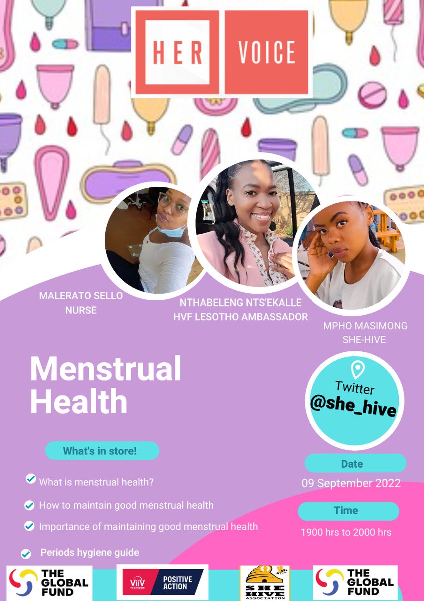 she_hive's tweet photo. Join us yet again on Friday 7pm.
We'll be having a conversation with our Lesotho Her Voice Fund Ambassador Ms Nthabeleng Nts'ekalle and a health practitioner Ms Malerato Sello on Menstrual Health. Save the date!!
@Yplus_Global
#Lstwitter 
#menstrualhealth
#HerVoiceFundLs https://t.co/96JeRuUIFr