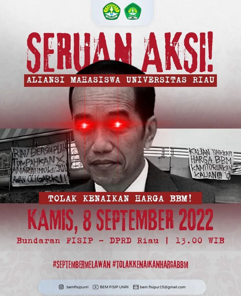 BEMFISIPUNRI's tweet photo. [ BEM FISIP UNRI | SERUAN AKSI ]
----------------------------

Assalamualaikum warahmatullahi wabarakatuh

Hidup Mahasiswa!
Hidup Rakyat Indonesia!
Hidup Perempuan Yang Melawan!

Salam sejahtera, mahasiswa FISIP UNRI. Lihat disekelilingmu, dengarkan keluh kesah masyarakat, k… https://t.co/7sjxGMwmbw