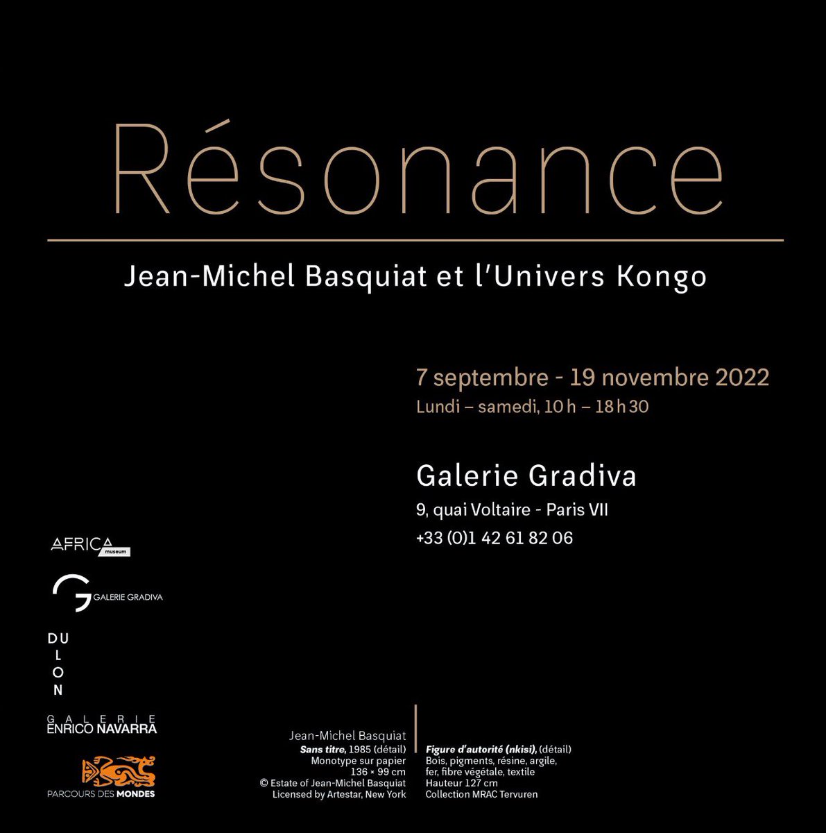 #Evenement 

« Résonance, Jean-Michel Basquiat et l’univers #Kongo »

Une rumba entre les dessins de l’artiste et les ombres de la figure du Nkisi Nkonde qui incarne le pouvoir en #RDC 

La collaboration entre les galeries Dulon, Navarra et le <a href="/africamuseumbe/">The AfricaMuseum</a> sera visible à Paris