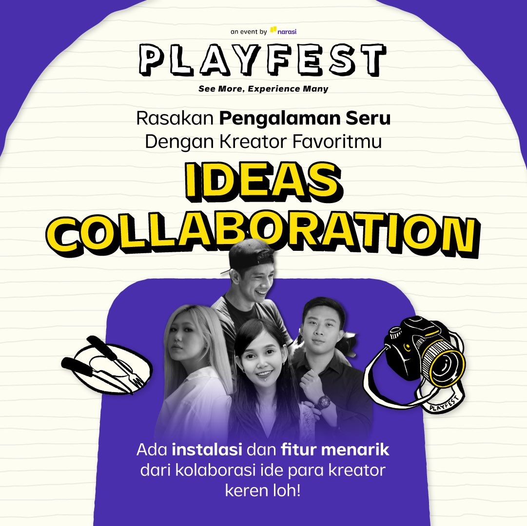 playfestnarasi's tweet image. Ada banyak aktivasi dan instalasi menarik yang bakal buat pengalaman mu di Playfest makin seru!!!🤩

Yuk buruan dapetin tiketnya dan kita seru-seruan bareng di Ideas Collaboration! | Playfest

#Playfest2022 #ReactivateYourSense