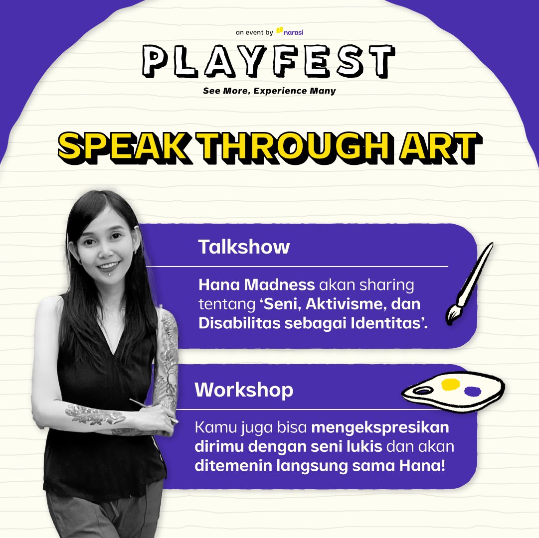 playfestnarasi's tweet image. Ada banyak aktivasi dan instalasi menarik yang bakal buat pengalaman mu di Playfest makin seru!!!🤩

Yuk buruan dapetin tiketnya dan kita seru-seruan bareng di Ideas Collaboration! | Playfest

#Playfest2022 #ReactivateYourSense
