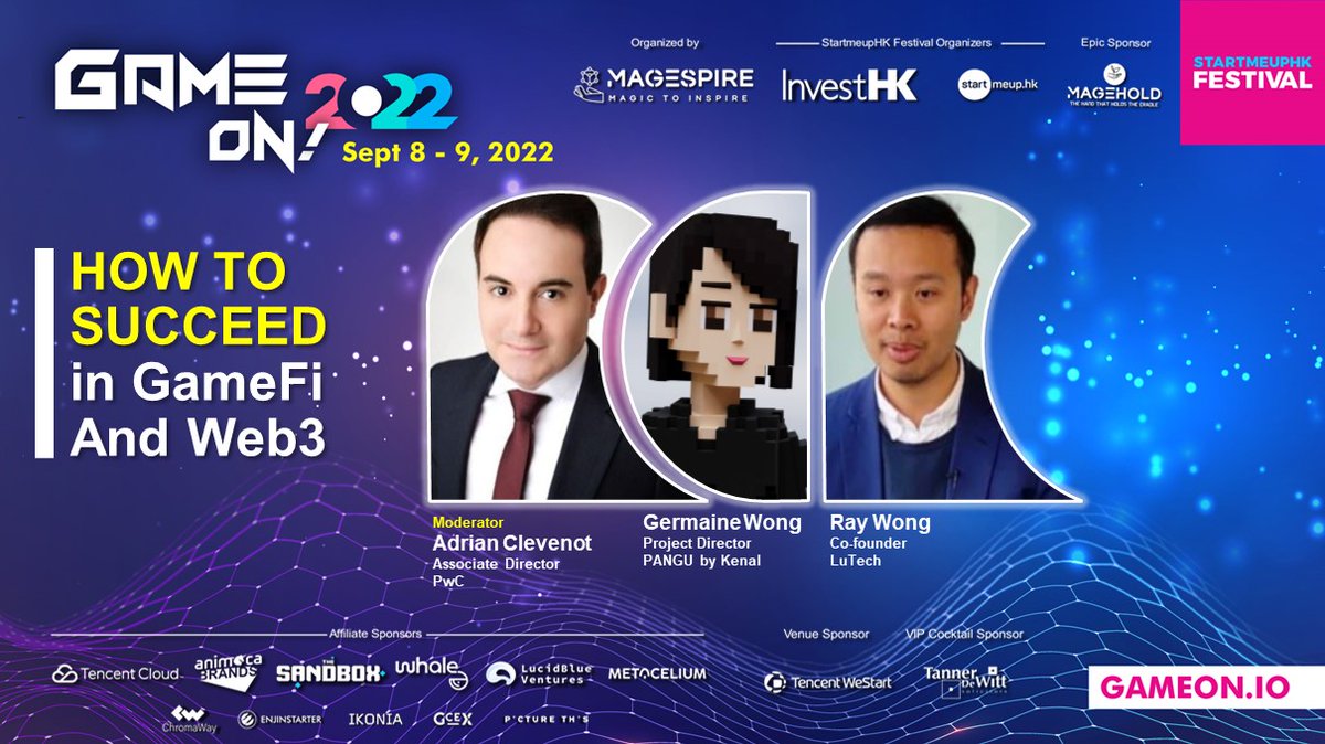 PANGUKENAL's tweet photo. @gameonsummit is happening tomorrow and Friday Sept 9th!!
Please join us together with Adrian Clevenot, Germaine Wong, &amp; Ray Wong on "Panel: How to succeed in GameFi and Web3” tomorrow at HKT 3PM. Please join the event and visit our virtual booth on the platform! https://t.co/v8fEeJ5GDc