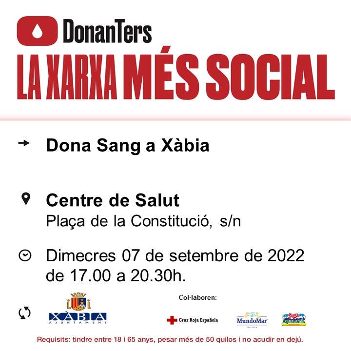 GVAdonasang's tweet photo. Donació de sang a #Xàbia
📅 dimecres #7setembre

👉T'esperem si ja han transcorregut 2 mesos des de la teua última donació.
Recorda ➡️𝑳𝒂 𝒔𝒂𝒏𝒈 𝒏𝒐 𝒆𝒔 𝒑𝒐𝒕 𝒇𝒂𝒃𝒓𝒊𝒄𝒂𝒓
#FesteDonanter #ComparteixVida https://t.co/kWfCMZpyKp