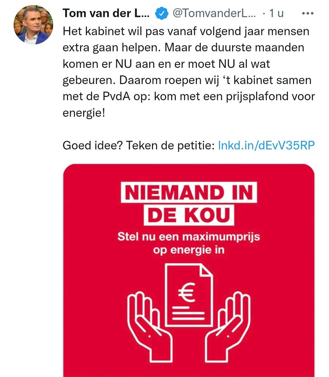 Sandervandam2's tweet photo. Dit is hoe schaamteloos opportunisme er uitziet. Twee jaar geleden vond Tom gas nog veel te goedkoop, vandaag werpt hij zich op als redder van iedereen die zijn energierekening niet meer kan betalen omdat gas zo enorm duur is geworden. https://t.co/GgjfNUH3I0