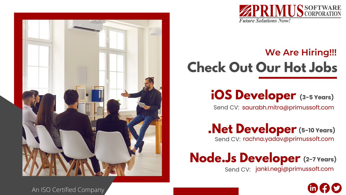 PrimusSoftCorp's tweet photo. #HiringAlert
#Primus is hiring for multiple professionals for different roles, #NodeJS #iOS #Developer #DotNetDeveloper.
If you want to join a perfect team, #applytoday 👉https://t.co/45hF1eIrYl
#WednesdayThought #WeAreHiring #JoinOurTeam #Hiring #FutureSolutionsNow https://t.co/Z2fncl0OdB