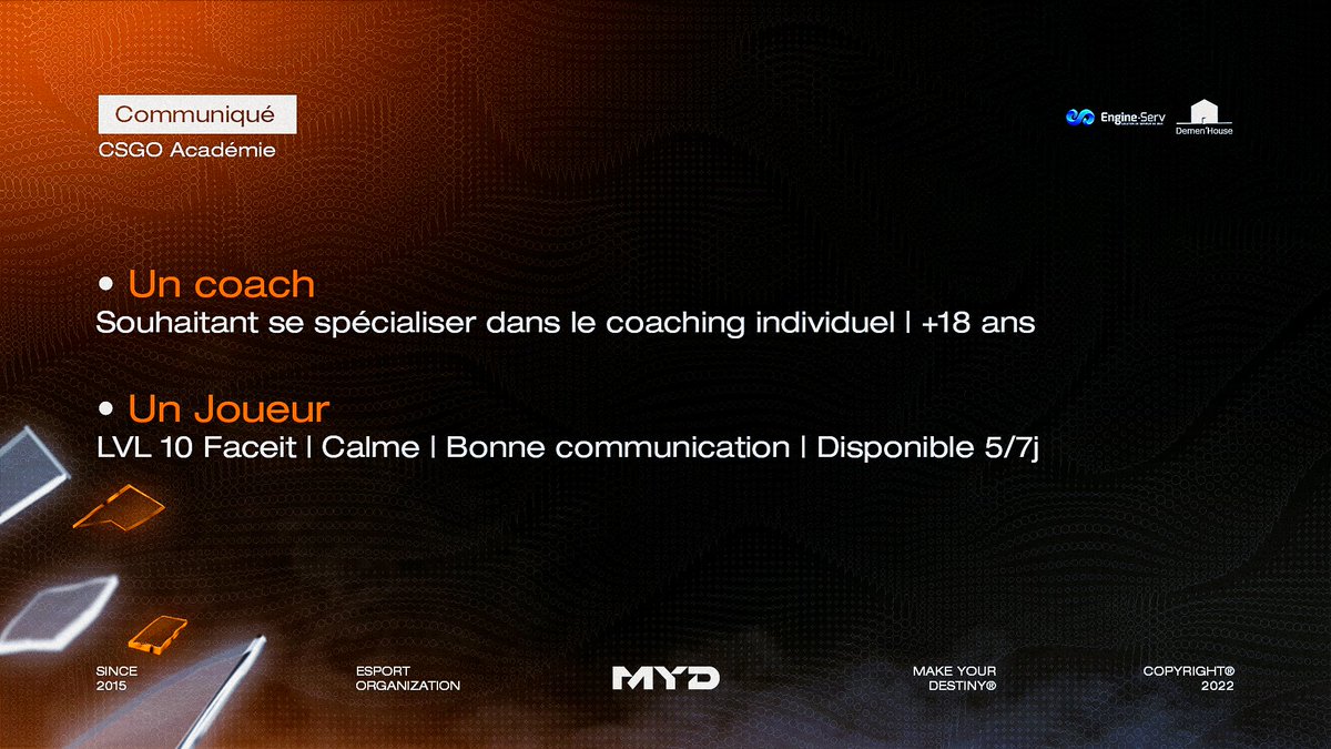 teamMYD's tweet photo. 🔫 | CSGO 

𝗠𝗬𝗗 𝗿𝗲𝗰𝗿𝘂𝘁𝗲 ! 

On recherche deux profils pour notre équipe académique 👀

🔸 Coach
🔸 Joueur
𝘗𝘭𝘶𝘴 𝘥‘𝘪𝘯𝘧𝘰𝘳𝘮𝘢𝘵𝘪𝘰𝘯𝘴 𝘤𝘪-𝘥𝘦𝘴𝘴𝘰𝘶𝘴👇🏻

On attend vos candidatures 😎

#MYDominate https://t.co/tQ5aJVYCXs