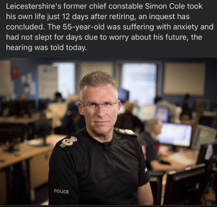 Chief Constable Simon Cole: My heartfelt sympathy to his family, friends and former colleagues. On average, two police officers end their lives each month and this should not be ignored. If you're feeling suicidal, please reach out and get support. Call the Samaritans on 116 123.