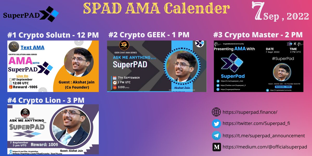 trader_life123's tweet photo. SuperPAD AMA Series ( Date - 07/09/2022 ) 
Host:- 
@CryptoSolutionG

@geek_chat1

@CryptoMasterCom

@TheCrypto_lion

*All users should follow 
@superpad_fi
 for AMA Participation.
#SuperPAD #AMA #launchpad https://t.co/By1QkxZ99d