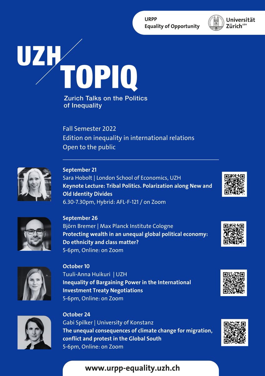 Looking forward to a great <a href="/URPP_Equality/">URPP Equality of Opportunity</a> series in "Inequality in international relations" at <a href="/IPZ_ch/">IPZ - Political Science UZH</a> this fall!

Sep 21: <a href="/sarahobolt/">Sara Hobolt</a> 
Sep 26: <a href="/bjoern_bremer/">Björn Bremer</a> 
Oct 10: <a href="/TA_Huikuri/">Tuuli-Anna Huikuri</a> 
Oct 24: @gabi_spilker 

Talks are open to the public and can be attended via zoom.