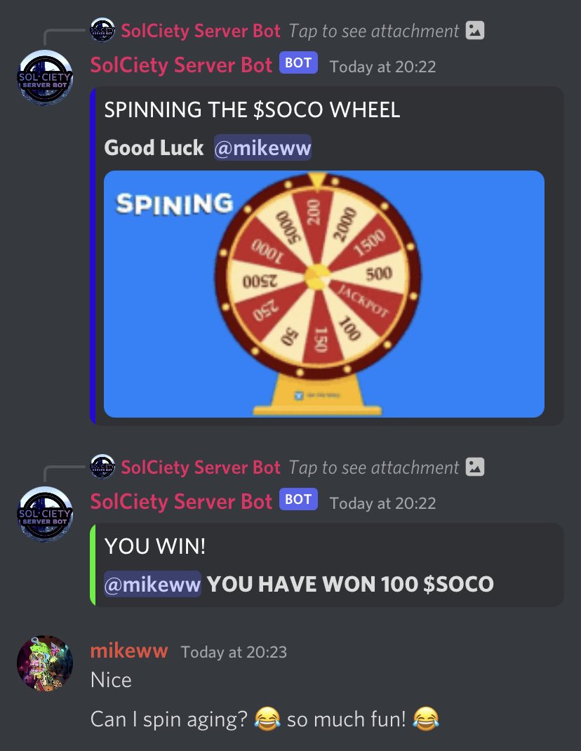 sol_ciety's tweet photo. Don’t forget to stop by SolCiety and spin our wheel for the chance to win $SOCO!

$SOCO is spendable in our in-discord shop, you can purchase NFTS, Whitelist to projects, and some SolCiety services! https://t.co/fqO3W0K6n9