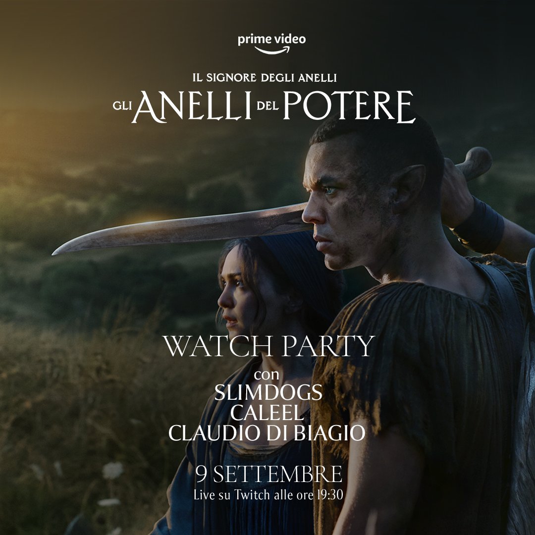 PrimeVideoIT's tweet photo. Vieni con noi nella Terra di Mezzo! Questo Venerdì alle 19.30 unisciti a noi sul canale Twitch di @PrimeVideoit con @slim_dogs #Caleel e #ClaudioDiBiagio per unirti al Watch Party del prossimo episodio de #GliAnelliDelPotere. https://t.co/t6pLU4UBAP