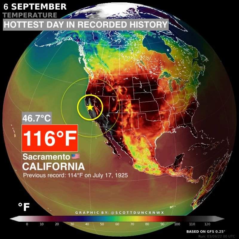 hope_enpie's tweet photo. 46.7°C en Sacramento, California, EN SEPTIEMBRE. Récord histórico de temperatura. 
El clima estable que ha hecho posible la civilización en los últimos 10.000 años se nos escapa entre los dedos. Reaccionar ahora y salvar todo lo que amamos o cometer el mayor crimen de la Historia https://t.co/NVWtK4KoDj