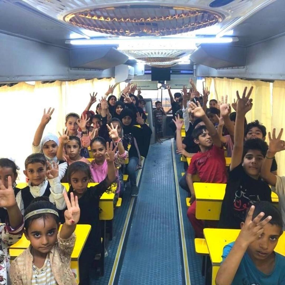 IraqiChildren's tweet photo. We have big news! Hope Bus 3 has opened ahead of schedule! We have a whole new group of children enrolled into our Hope Bus Program where we provide education, social services, psychological support. https://t.co/2Fkv5glx9D