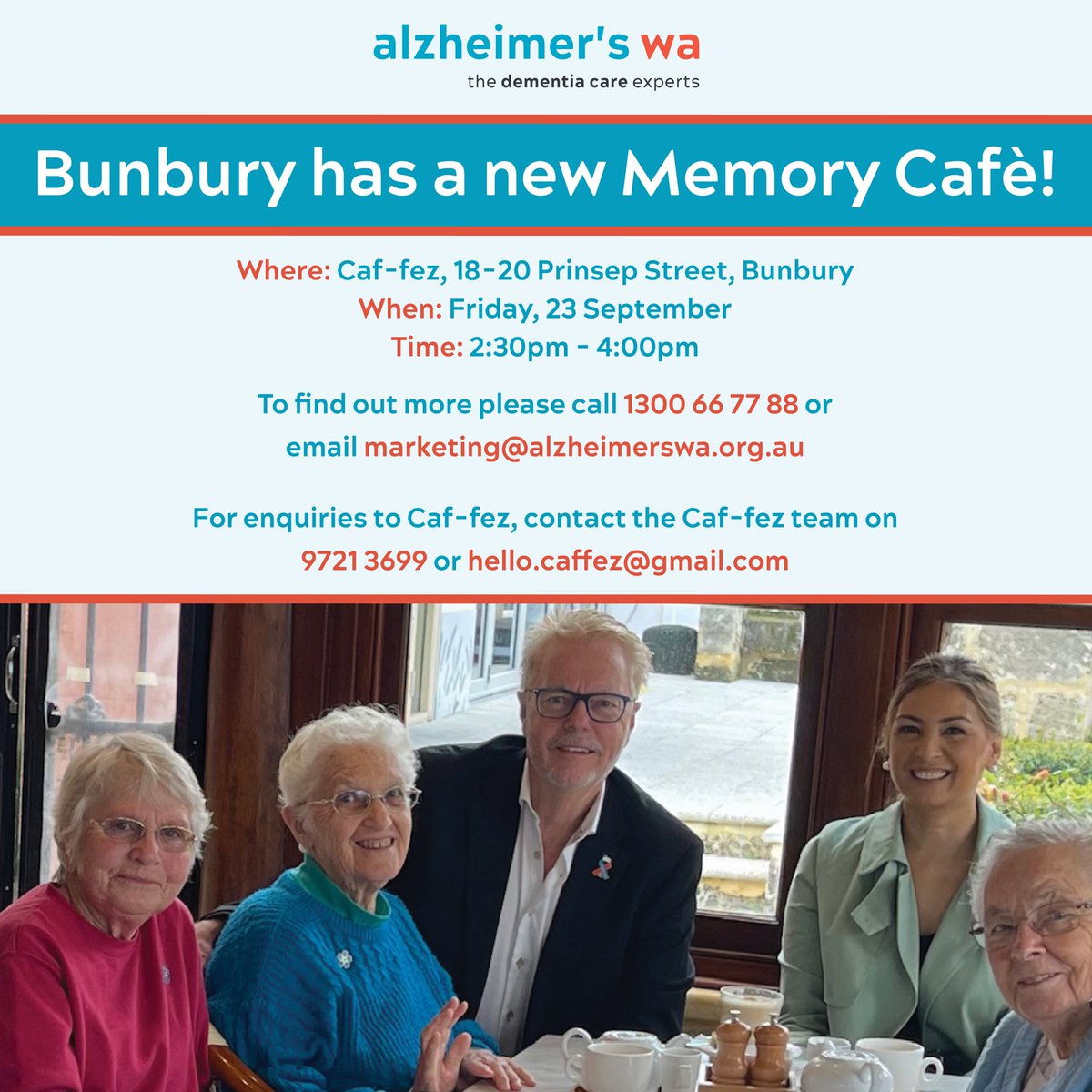 Bunbury has a new Memory Cafe! ☕️ With Member for Bunbury, @DonPunch MLA 🗣 People on the dementia journey and their carers are invited to join us for Bunbury’s first Memory Cafè; a friendly get-together with those who understand and can offer support. Hope to see you there!🙌