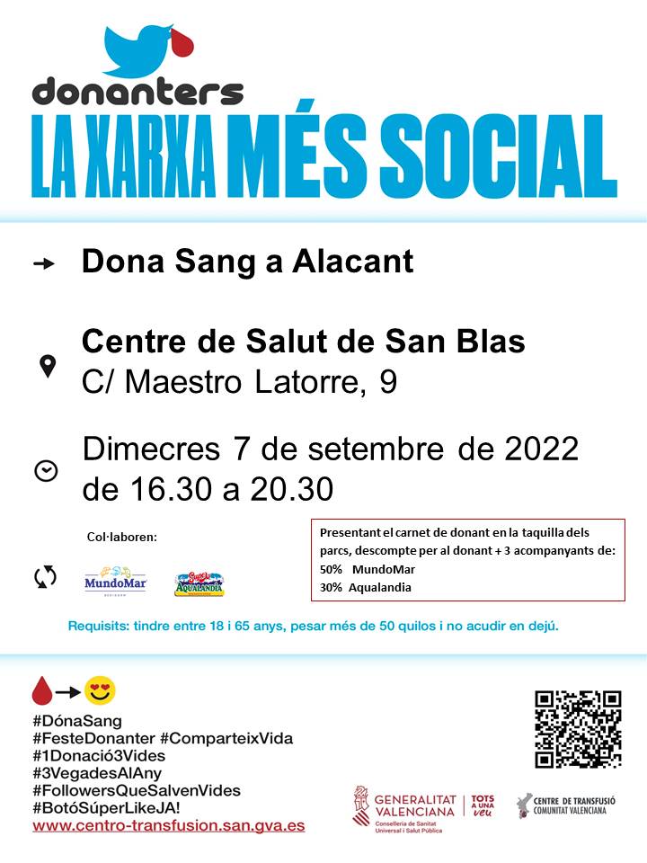 GVAdonasang's tweet photo. Donació de sang a #Alacant 
📅Dimecres #7setembre

👉T'esperem si ja han transcorregut 2 mesos des de la teua última donació.
Recorda ➡️𝑳𝒂 𝒔𝒂𝒏𝒈 𝒏𝒐 𝒆𝒔 𝒑𝒐𝒕 𝒇𝒂𝒃𝒓𝒊𝒄𝒂𝒓
#FesteDonanter #ComparteixVida https://t.co/Af74tY0gQW