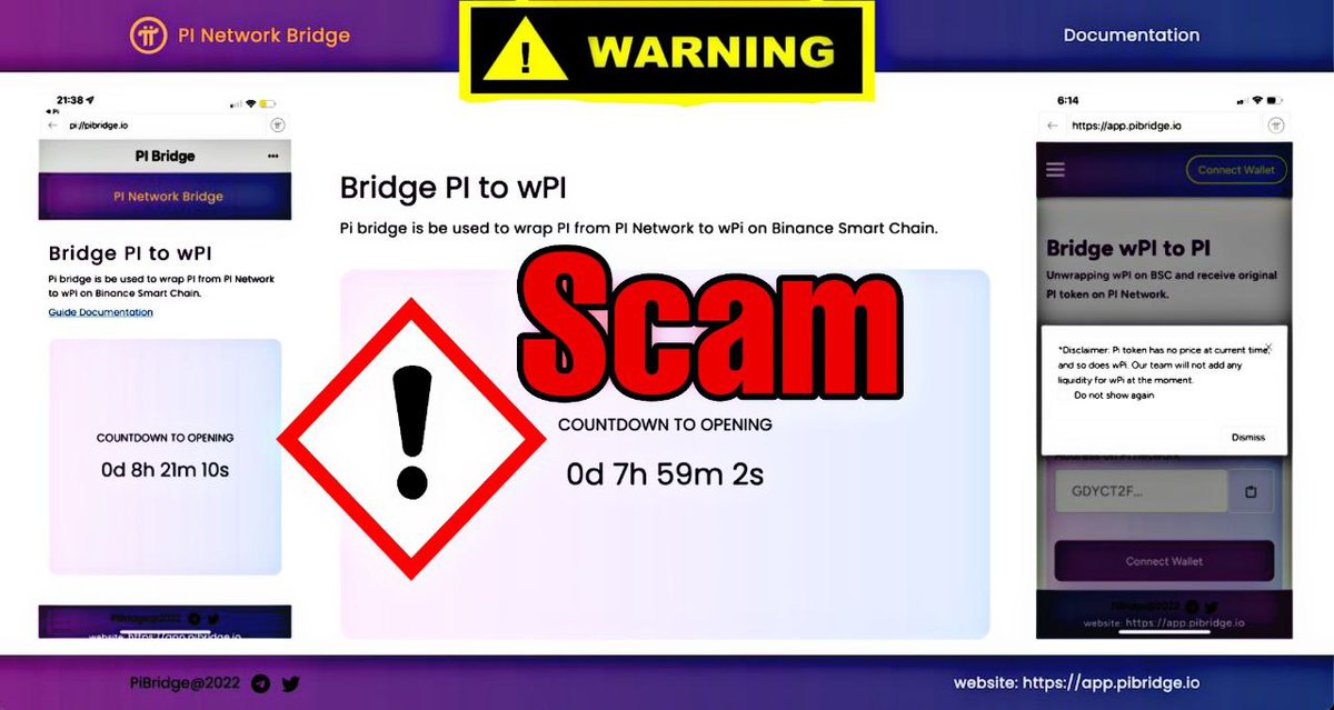PiNewsMedia's tweet photo. Pi Bridge is a Big Scam Project!!!
🆘NEVER SHARE YOUR 24 wallet security phrases.
🆘NEVER send your Mainnet Pi to any wallet to be able to set up your commodity exchange at PCM.
Scammers fake the profiles of DApps  to trick &amp; rob you.

#PiPayment #PiNetwork https://t.co/3ssZdbbUuN